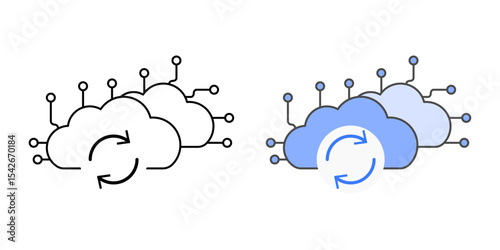 Data synchronization icon with two cloud nodes and sync arrows, in outline and color styles, ideal for illustrating real-time cloud syncing, backup systems, and distributed data updates.