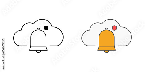 Cloud notifications system icon with a bell, alert dot, and cloud, in outline and color styles, ideal for illustrating SaaS alerts, user notifications, and system updates in cloud platforms.