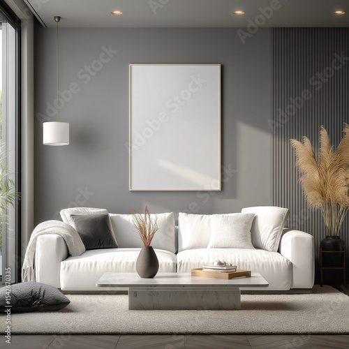 Modern living room with white sofa and coffee table featuring blank black picture frame wall art mockup. Ideal for design templates and marketing displays. 