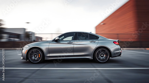 Wallpaper Mural Silver Car Moving Fast on Asphalt Road Near Building with Parking Spots and Evening Sky Torontodigital.ca