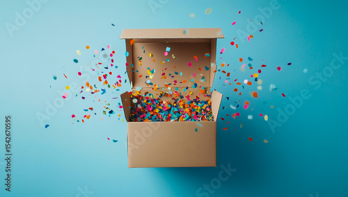 An open cardboard box overflowing with colorful confetti on a pastel blue background, symbolizing surprise, celebration, and excitement in product marketing and promotional campaigns.