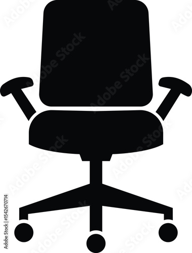 Black silhouette of an office swivel chair, A simple black silhouette image depicts a standard office chair with arms, a five-star base, and rolling casters.  It is viewed from a frontal perspective.