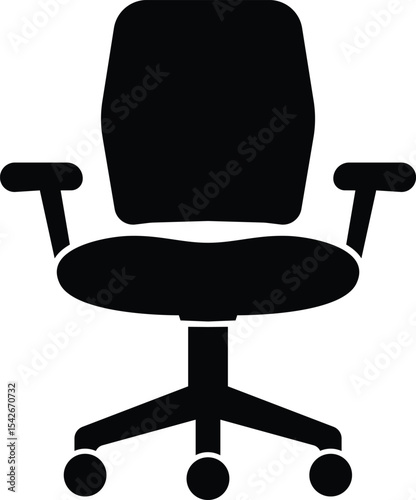 Black silhouette of an office swivel chair, A simple black silhouette image depicts a standard office chair with arms, a five-star base, and rolling casters.  It is viewed from a frontal perspective.