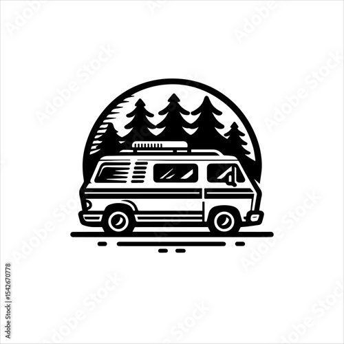 Black and White Camper Van Logo Isolated on White Background for Outdoor Adventure Branding