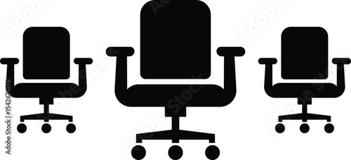Three office chairs of varying sizes, set of black chairs