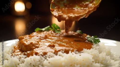 Slow-Motion Butter Chicken Being Served Over Rice at Dinner