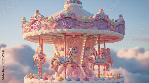 Pastel sweet candy carousel against fluffy clouds for children imagination concept