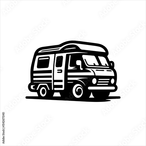 Black and White Camper Van Logo Isolated on White Background for Outdoor Adventure Branding