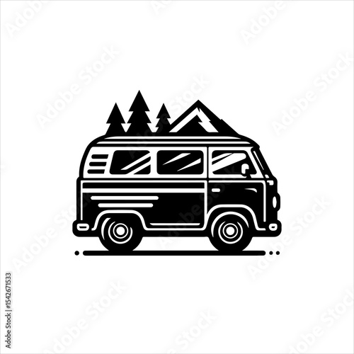 Black and White Camper Van Logo Isolated on White Background for Outdoor Adventure Branding
