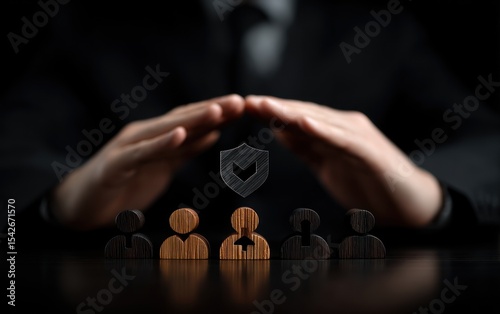 Business hands protecting a group of people