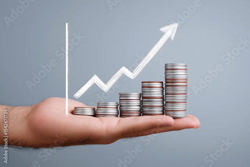A hand holds stacked coins arranged in ascending order with a white upward arrow, symbolizing financial growth and investment success.
