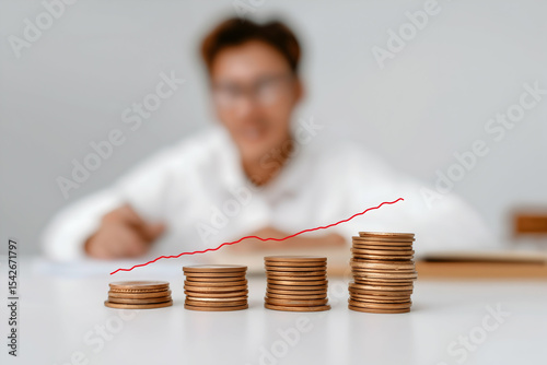 Stacked coins in ascending order with a red growth line and a blurred person in the background symbolizing financial growth or investment success.