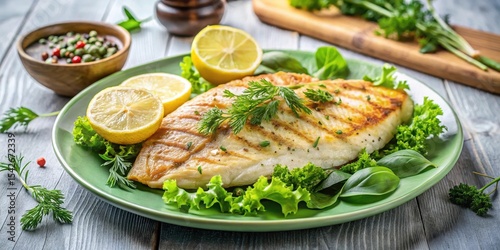 A delicious grilled fish fillet served with fresh lemon slices and a vibrant green salad, garnished with fresh herbs, presented on a rustic wooden table