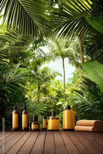 Amber-colored spa bottles and folded towels on a wooden surface, surrounded by lush tropical palm leaves and greenery.