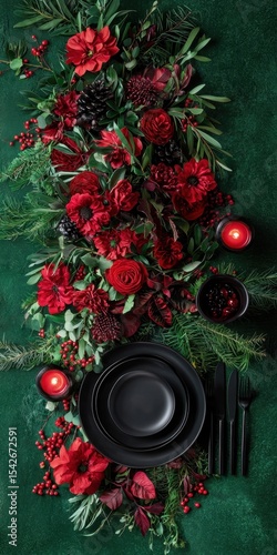 Elegant holiday table setting with red flowers, greenery, black plates, and candles on a dark green textured background.