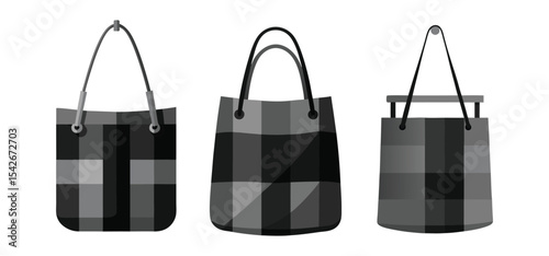 Three tote bag illustrations in varying styles and designs, all featuring a classic black and grey checkered pattern.