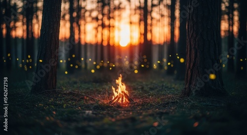 Campfire Glow Illuminates Evening Forest Natural Serenity Scene