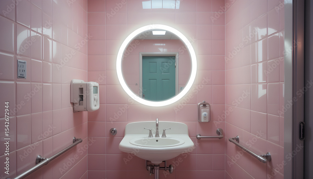 Fototapeta premium Circular mirror over sink in pink restroom at hospital