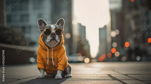 French bulldog in yellow hoodie and sunglasses sitting in city street. Static camera. 4K.
