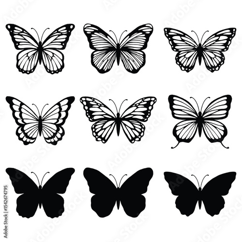 Set of Black and White Butterfly Silhouettes | Vintage Vector Insect Illustrations for Laser Cutting and Design

