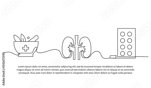 Vector illustration of treatment of kidney disease. Modern flat in continuous line style.