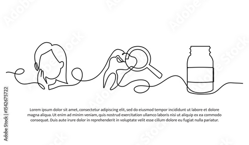 Vector illustration of dental examination on female patients and given medication. Modern flat in continuous line style.
