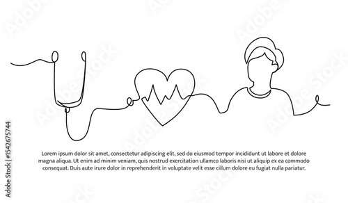 Vector illustration of patient examination using a stethoscope. Modern flat in continuous line style.