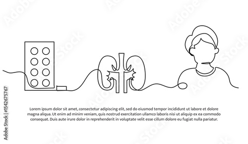 Vector illustration of giving medicine to kidney disease patients. Modern flat in continuous line style.