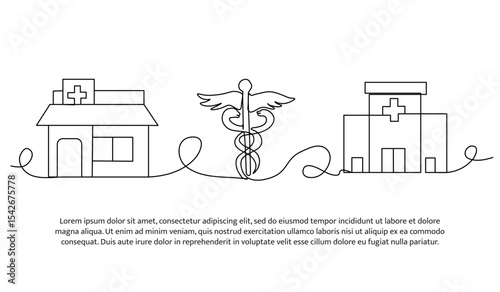Vector illustration of hospital building with caduceus medicine symbol. Modern flat in continuous line style.