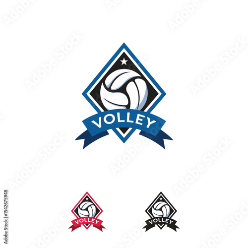 Volleyball emblem design with a ribbon banner.