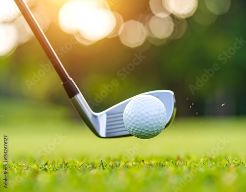 A golf ball in mid-air after impact with an iron club, captured in warm sunlight on a grassy field.