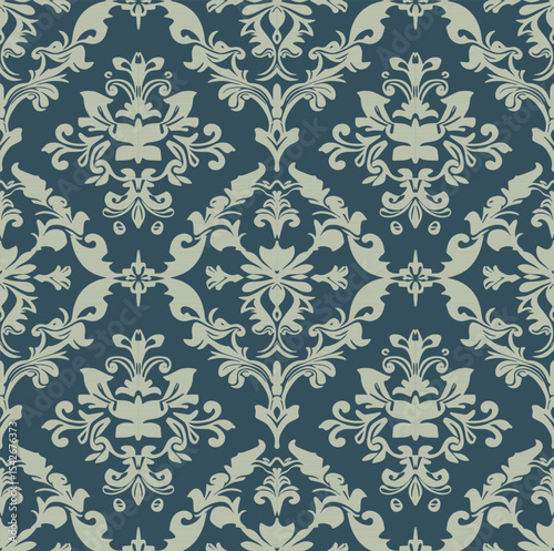 The daemark pattern, rococo style, seamless pattern, blue-and-grey background, green-and-grey flower pattern, used for vector-style tile wallpaper.