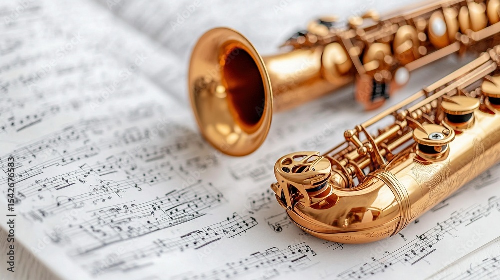 Naklejka premium Golden Saxophone rests on sheet music