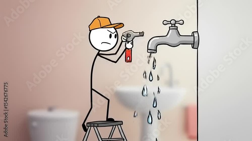 Cartoon plumber fixing a leaky faucet in a bathroom, with a toilet and sink in the background