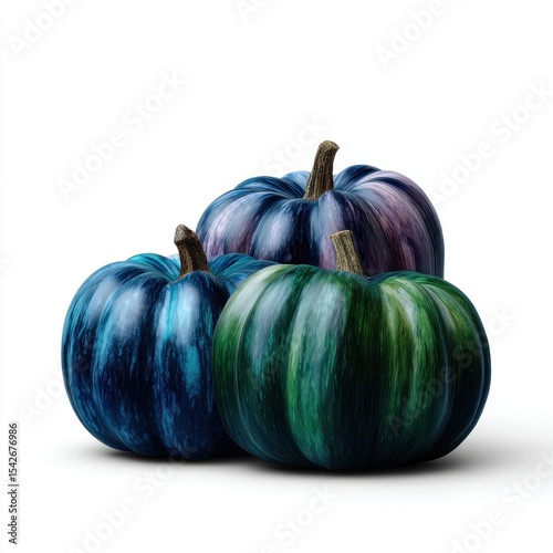 Three vibrantly colored pumpkins, abstractly patterned