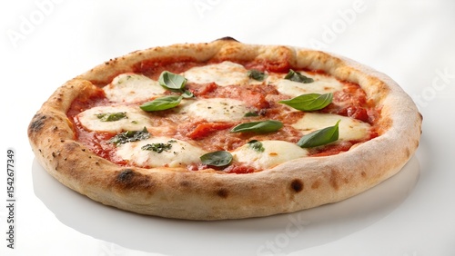 A pizza with assorted toppings and herbs on a white background.