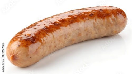 A single cooked sausage on a white background.
