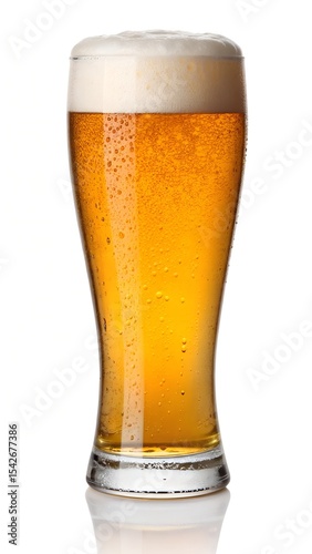 A glass of frothy beer on a white background.