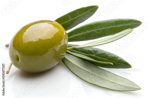 A branch with green olives and leaves on a white background.