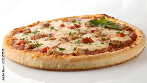 A pizza with assorted toppings and herbs on a white background.