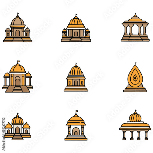 This vibrant illustration features a series of iconic Indian temple structures with dome roofs, set against a clean white background, ideal for travel guides. The detailed vector graphics and clear