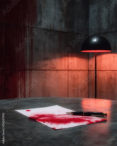 Bloodstained Contract on Steel Table in Dark Room Atmosphere