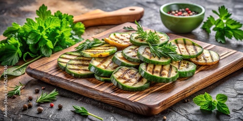 Grilled zucchini slices arranged on a rustic wooden board, garnished with fresh herbs and peppercorns.