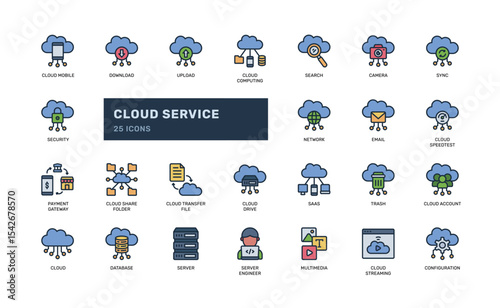 Cloud Service Icon Set with Networking and Data Infrastructure