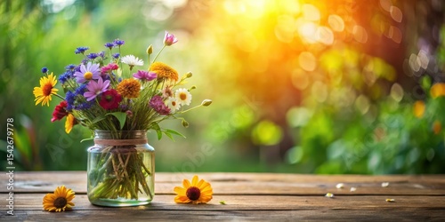 A vibrant summer bouquet of wildflowers arranged in a clear glass jar, resting on a rustic wooden surface against a sunlit garden backdrop