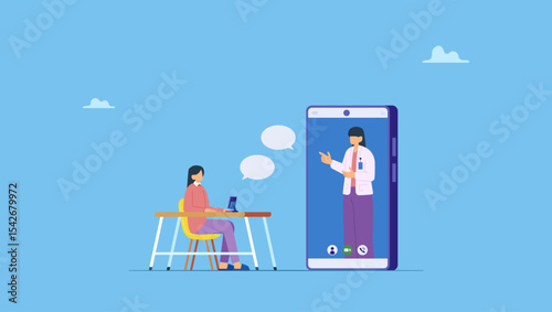 Flat vector illustration of A young woman having a consultation online, medical a doctor consultation. Business telemedicine with smartphone connection. Technology internet of things. 