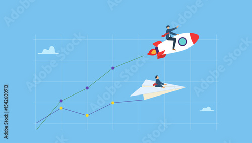 Businessman riding fast rising speed rocket on rising graph. Boost performance, improvement or growth with fast speed progress, self development or marketing and investment, increase efficiency fast.