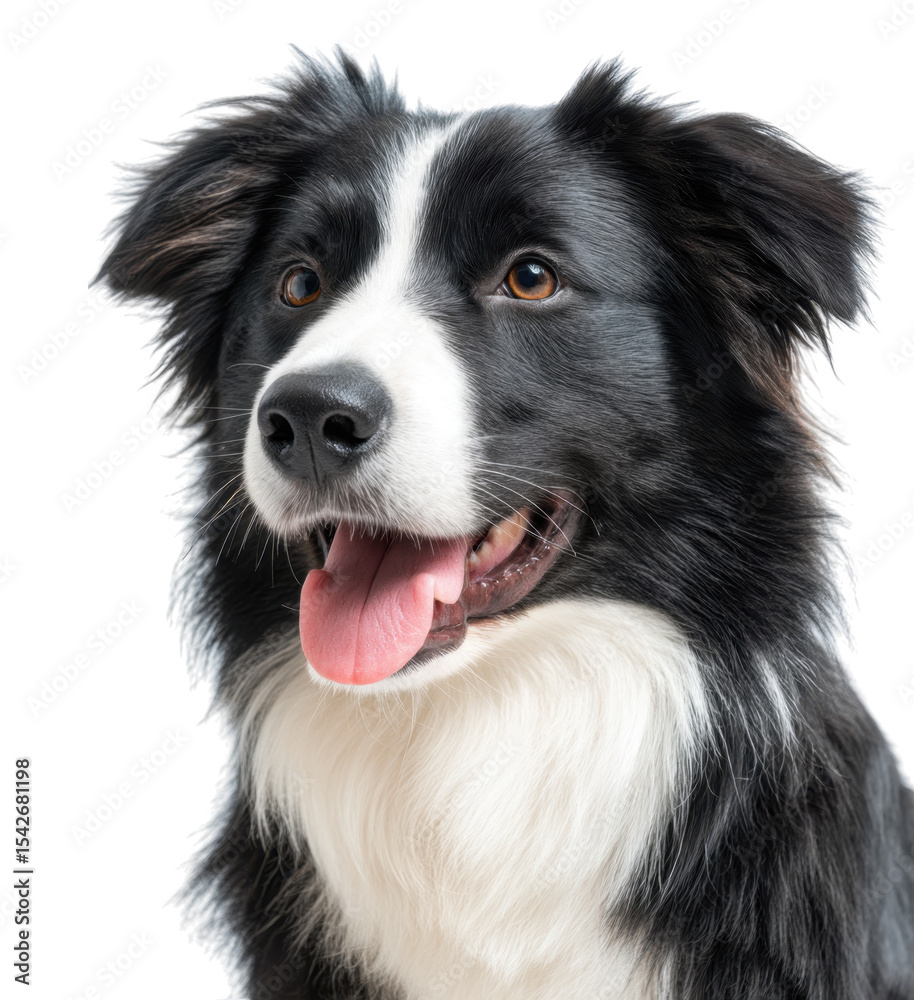 Fototapeta premium A close-up portrait of a happy border collie with a shiny black and white coat. showcasing its playful expression against a clean white background. ideal for pet-related content