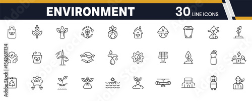 Clean Line Environment Stroke Icons Set Representing Sustainability, Nature and Eco Awareness