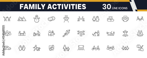  Family Bonding and Fun Activities Outline Icons Set for Parents, Kids and Together Time